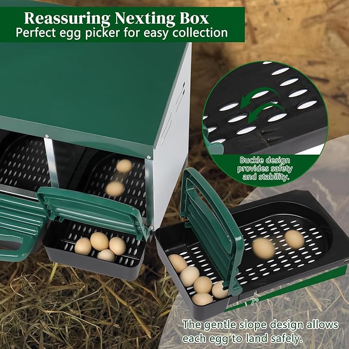 Chicken Nesting Boxes Plastic,3 Compartment Roll Out Chicken Nest Box Egg Laying Box w/Lid Cover,Egg Collection & Protection Chicken Coop for Up to 3 Hens,Chicken Cage Supplies for Poultry Farm,Green