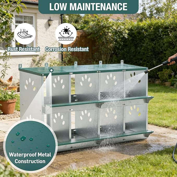 8 Compartment Metal Chicken Nesting Box, Roll Out Hen Laying Box for Easy Egg Collection, Wall Mount Poultry Nest Box for Backyard Chickens, Green, 42.72" L x 16.34" W x 26.38" H