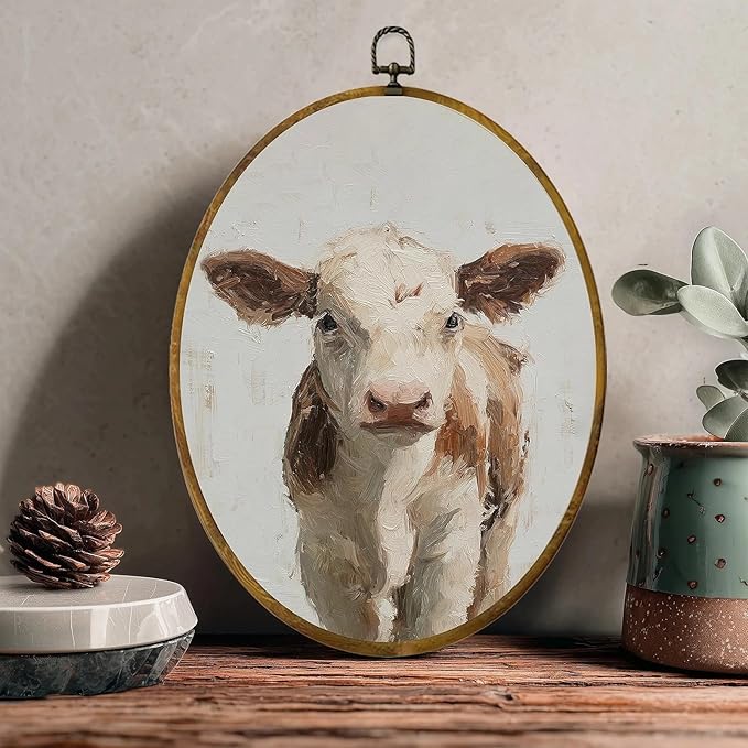 zewepri Rustic Farm Animal Oil Painting – Mini Cow Canvas Art, Cute Wall Decor for Home, Bedroom, Living Room, or Cow Lover Gift, 8.6×11.4″