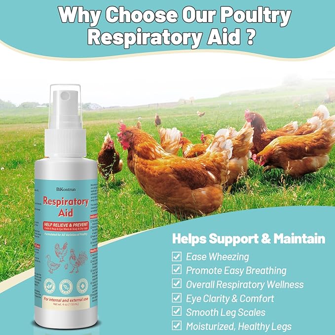 Respiratory Aid for Poultry, 4Oz Chicken Supplement, Safe for All Birds, Dropper and Spray Top Included, Drinking Water Additive, Natural Liquid Formula