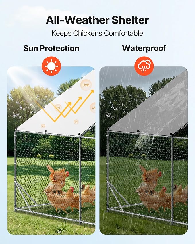 VEVOR Large Metal Chicken Coop,9.8 x 9.8 x 6.6 ft, Walk-in Chicken Run House with Waterproof Cover & Sturdy Frame, Spire Roof Poultry Cage Duck Pen for Rabbit Hen Goose Outdoor Backyard Farm Use