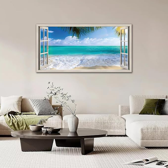 Beach Window Wall Art Ocean Palm Pictures Wall Decor Coastal Large Canvas Prints Paintings Home Office Decorations Framed Artwork for Living Room 60"x30"