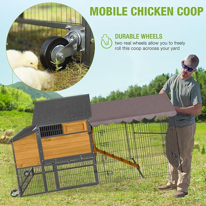 GUTINNEEN Large Chicken Coop with All Around Metal Frame Mobile Hen House with Wheels Weatherproof Duck House with Nesting Box, Outdoor Run, Perch, Leakproof Tray for 6-8 Chickens 85" L
