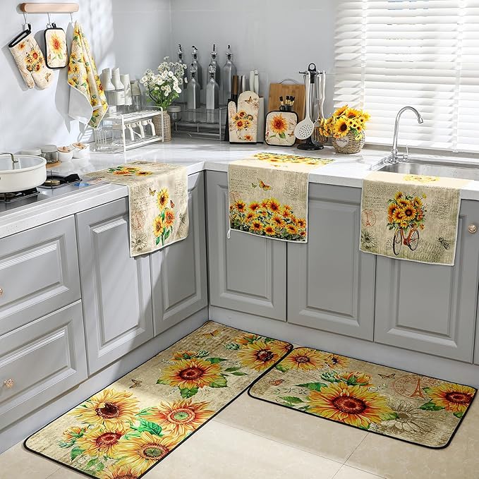 10 Pcs Sunflower Kitchen Dish Towels Rugs Oven Mitts and Pot Holders Set Farmhouse Kitchen Decor Set for Women Mom Daughter Gift Cooking Baking Grilling (Retro Yellow)