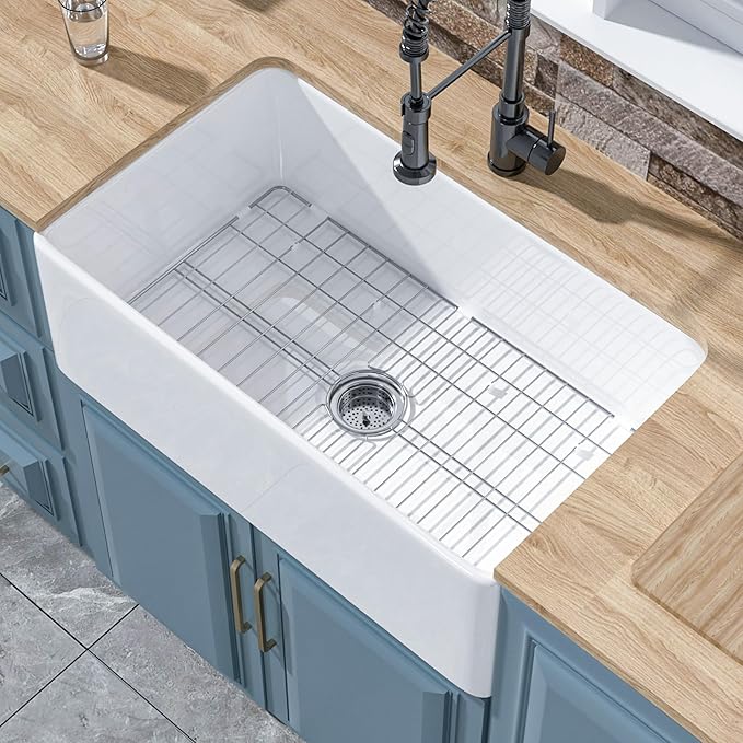 White Farmhouse Sink 30 x 18 Inch, Firecaly Apron Front Undermount Farm Kitchen Sink Single Bowl, with Custom Accessories 2 Types, for Kitchen, Laundry, Small Space