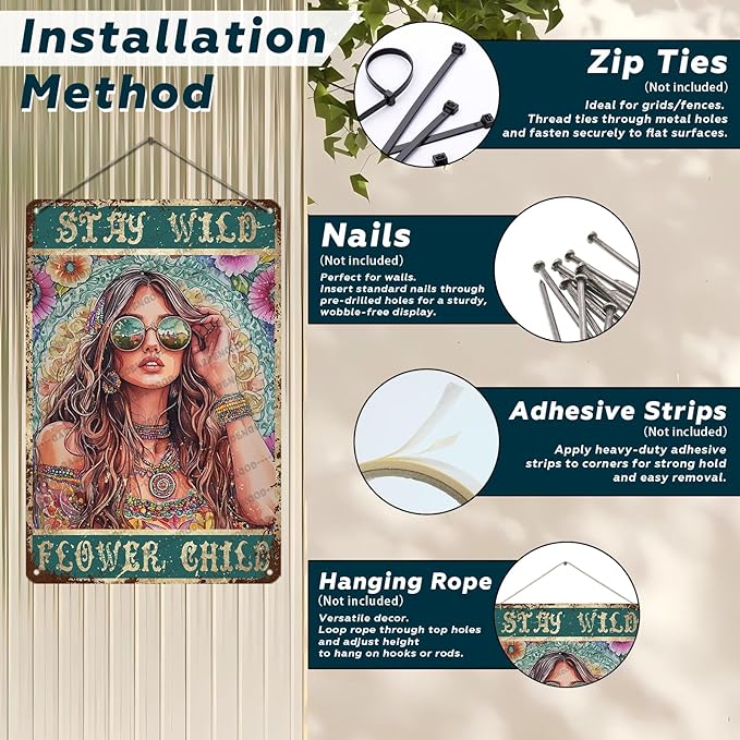 HARIKUIYIN Rustic Retro Metal Tin Sign Stay Wild Flower Child Girl Flowers Wall Art Metal Poster Home Wall Decoration Bar Office Kitchen Home Bedroom Courtyard Decoration Sign 12x8 Inch