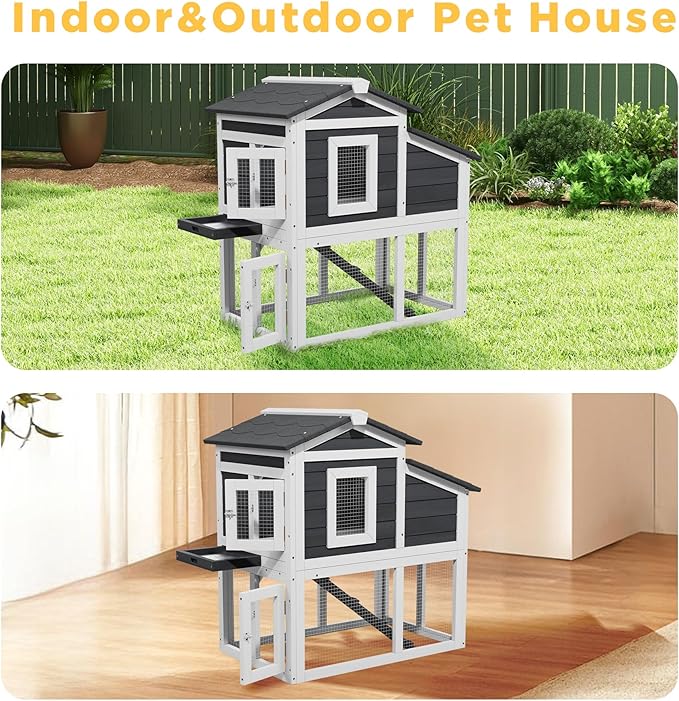 Small Chicken Coop for 2 Chickens, Wooden Chicken Coops with Nesting Boxes Indoor Outdoor, Predator-Proof Bunny House Rabbit Hutch Poultry Pet Tractor Cage with Waterproof Roof, Stairs&Removable Tray