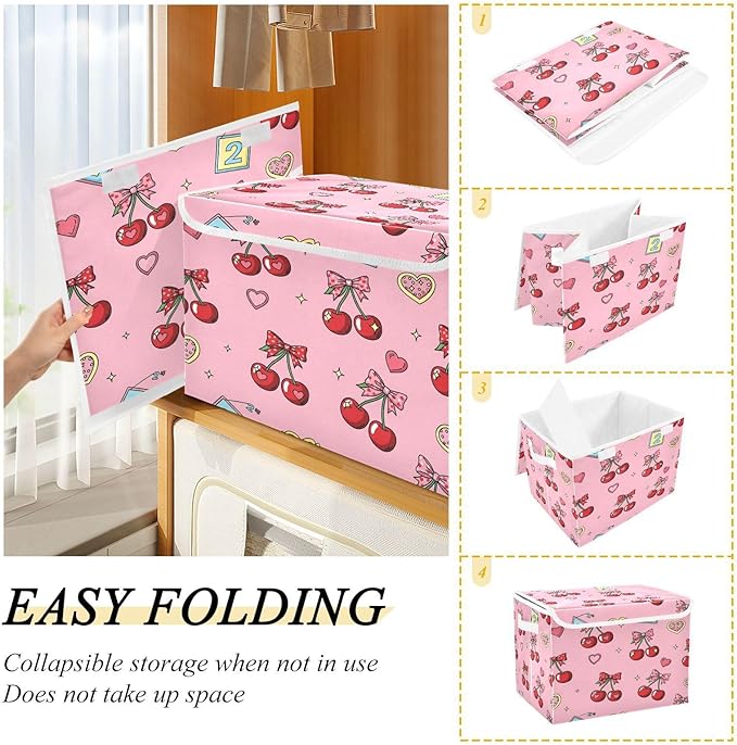 Cherries Hearts Bows Stars Storage Bins with LidsPink Foldable Storage Basket with Handles Collapsible Large Fabric Organizer Containers for Clothes Shelves Closet Office Home