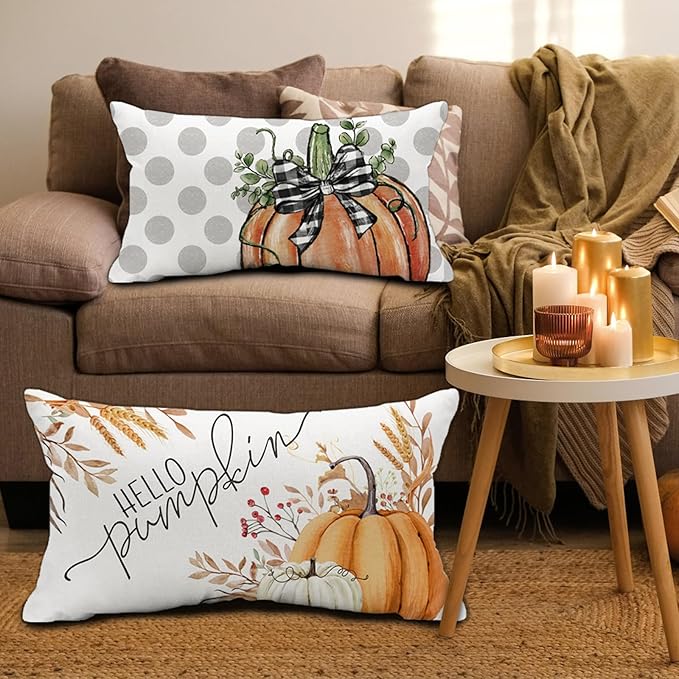 Fall Pillow Covers 12x20, Autumn Outdoor Decorative Throw Pillow Covers, Hello Pumpkin Pillow Cases for Couch Porch, Thanksgiving Cushion Covers, Harvest Pillows Decor