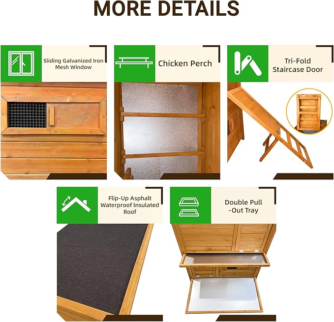 Chicken Coop, 2-Story Large Wooden Hen House for 6-8 Chickens with 3-Nesting Boxes & 2-Easy Clean Pull-Out Tray, 2-Secure Vents, Foldable Ramp & Waterproof Flip-Up Roof, Orange
