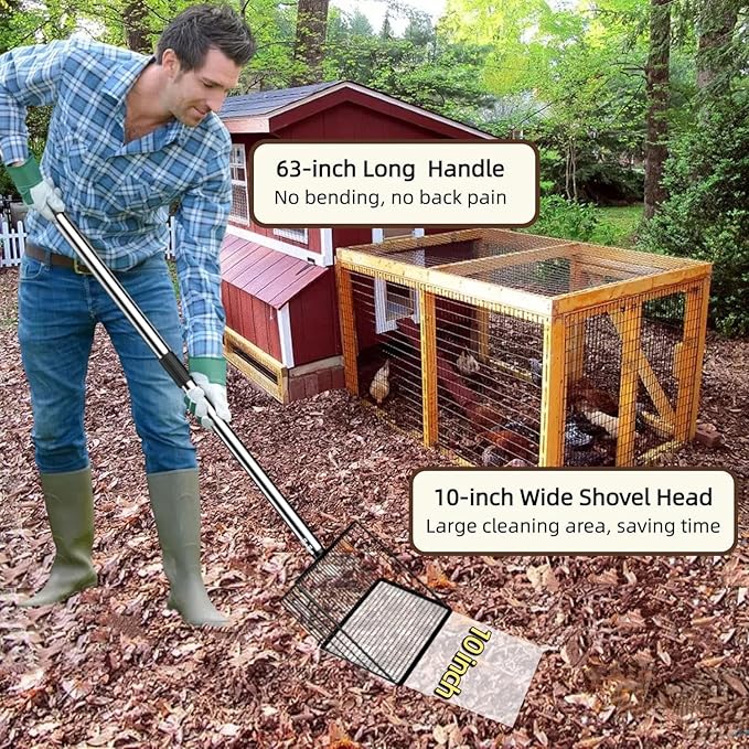 Chicken Poop Scooper,10-inch 37 to 63" Long Chicken Coop Scoop with Stainless Steel Handle, Chicken Coop Cleaning Rake for Poop Sand, Large Hen Litter Sifter Shovel