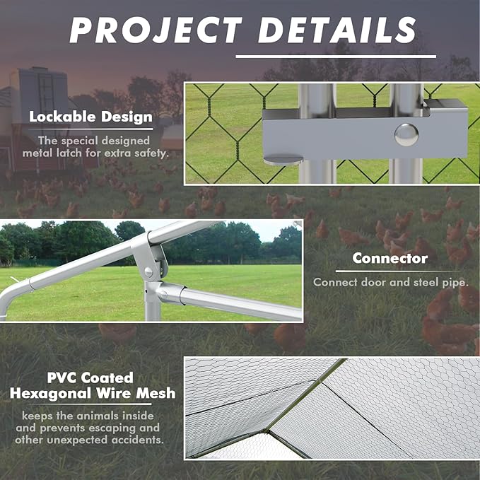 LEMBERI Metal Chicken Coop Spire Roof Walk in Chicken Run Pen for 6 Chickens, Galvanized Rabbits Duck Poultry Cage with Waterproof Cover for Outdoor,Backyard and Farm