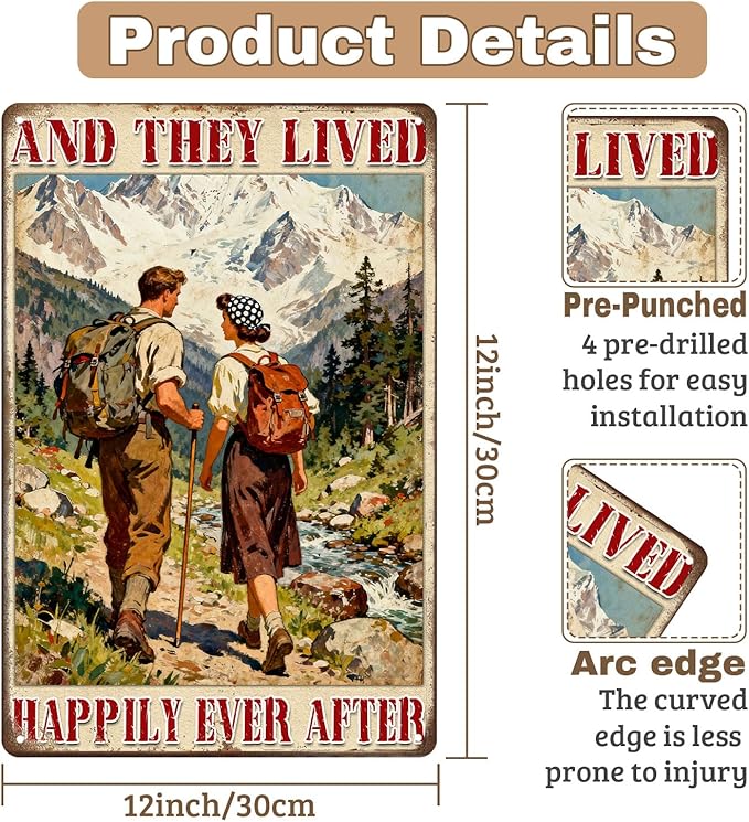 Vintage Tin Sign ‘And They Lived, Happily Ever After’ Couple Rustic Metal Wall Art Decor For Home Kitchen Bedroom Living Room 8x12 Inch