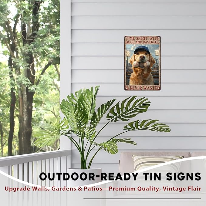Baseball Fan Cave Wall Art Metal Tin Sign with Dogs Vintage Retro Plaque Rustic Decor for Sports Bar Game Room Basement 8x12inch