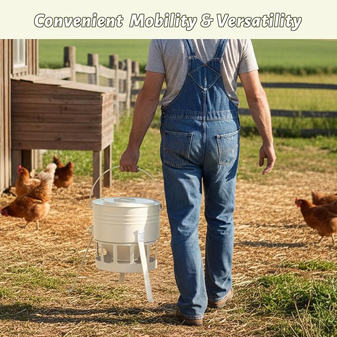 KOL Metal Chicken Feeder - 20lbs No Waste Chicken Feeder with 12 Ports, Powder Coated Rust-Proof Design & Smooth Edges for Safe Feeding (Jade White)