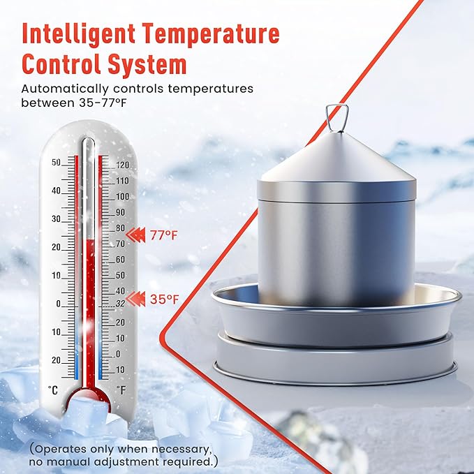 Chicken Water Heater for Winter, 110W Heated Poultry Waterer Base with Thermostat, 11 Inch Poultry Winter Deicer Heated Base with 9.8ft Power Cord (Silver)