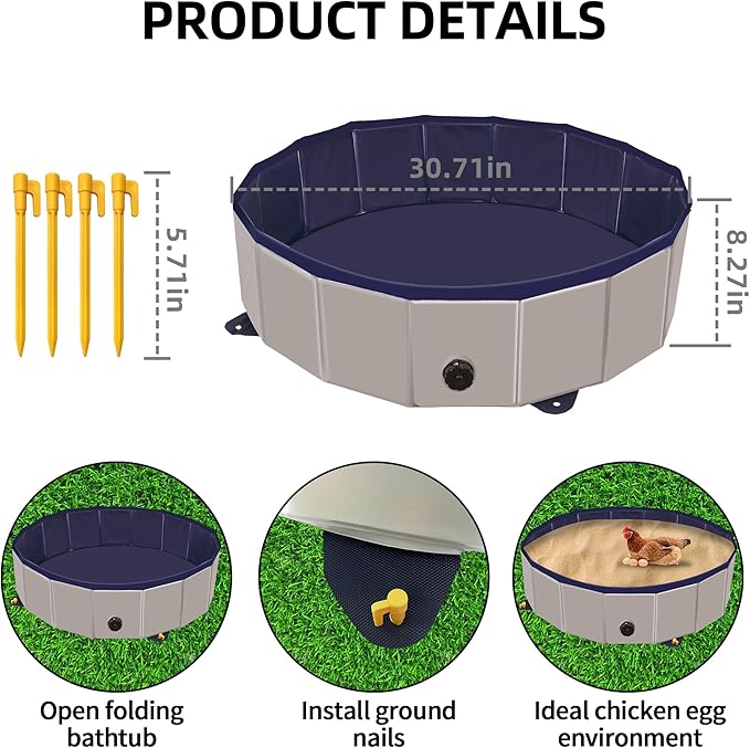 Chicken Dust Bath Tub, Chicken Coop Lime Cleaner Container, 32" D X 8" H PVC Material Foldable Portable Essential Chicken Coop Dusting Accessory. (Grey)