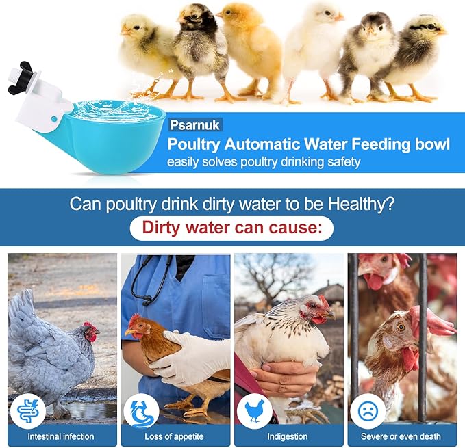 Chicken Waterer Cups (16 Pack/Light Blue) - DIY Automatic Large Chicken Water Feeder for Ducks Quail and Various Poultry Dispenser with Matching Drill, Double Rubber Ring, Not Leaking Wate