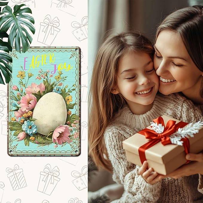 Easter Egg Retro Tin Sign Fun Metal Sign “Easter Joy” For Home Living Room Garden Yard Outdoor Wall 8X12Inch
