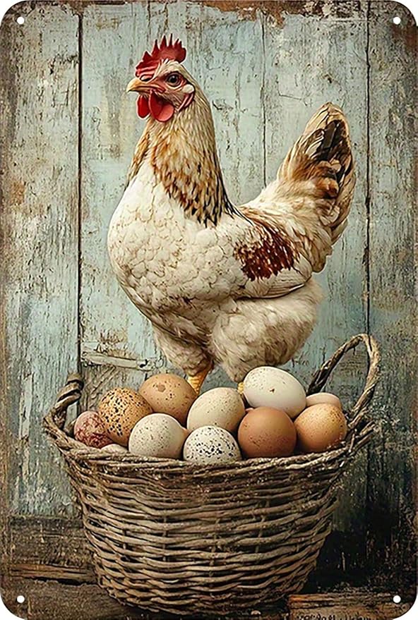 Retro Funny Chicken Tin Sign,Vintage Chicken Coop Metal Poster, Farm Wall Art Decor for Outdoor Home Fence Kitchen Bedroom,Gifts 8×12 Inches (CHICKEN&EGG)