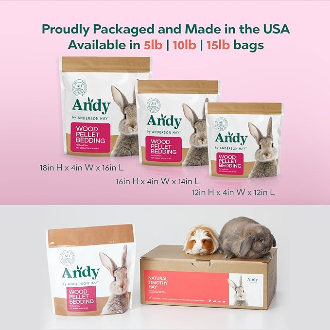 Andy Wood Pellet Bedding, 5 lb Bag, Premium Pine Pellets for Rabbits & Guinea Pig Bedding, Small Pets, Hamster, & Rabbit Litter