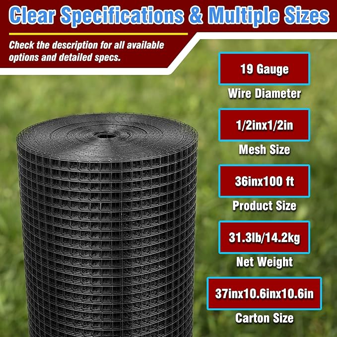 Black Hardware Cloth 1/2inx36inx100ft, 19GA, Chicken Wire Fencing Roll, Black Chicken Wire Mesh, Vinyl PVC Coated Welded Wire Mesh for Chicken Coop Barrier, Rabbit Snake Poultry Fences