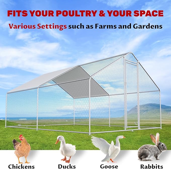 Large Metal Chicken Coop Walk-in Poultry Cage Chicken Run Pen Rabbit Duck House with Waterproof and Anti-UV Cover for Outdoor Farm Use