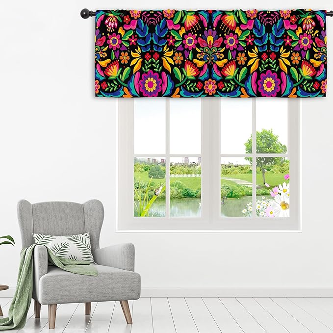 Miyotaa Mexican Fiesta Kitchen Curtain Valance 54W x 18H Rod Pocket Cinco De Mayo Dia De Los Muertos Colorful Flower Window Treatment for Living Room Bedroom Bathroom Laundry