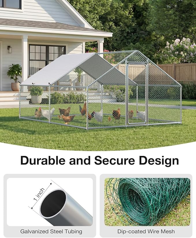 Esright Large Metal Chicken Coop Run for Yard with Cover, 13x10x6.4 FT Walk-in Chicken Pen for Outdoor, Backyard, and Farm, Hen Cage House Suitable for 8-12 Chickens, Spire Roof