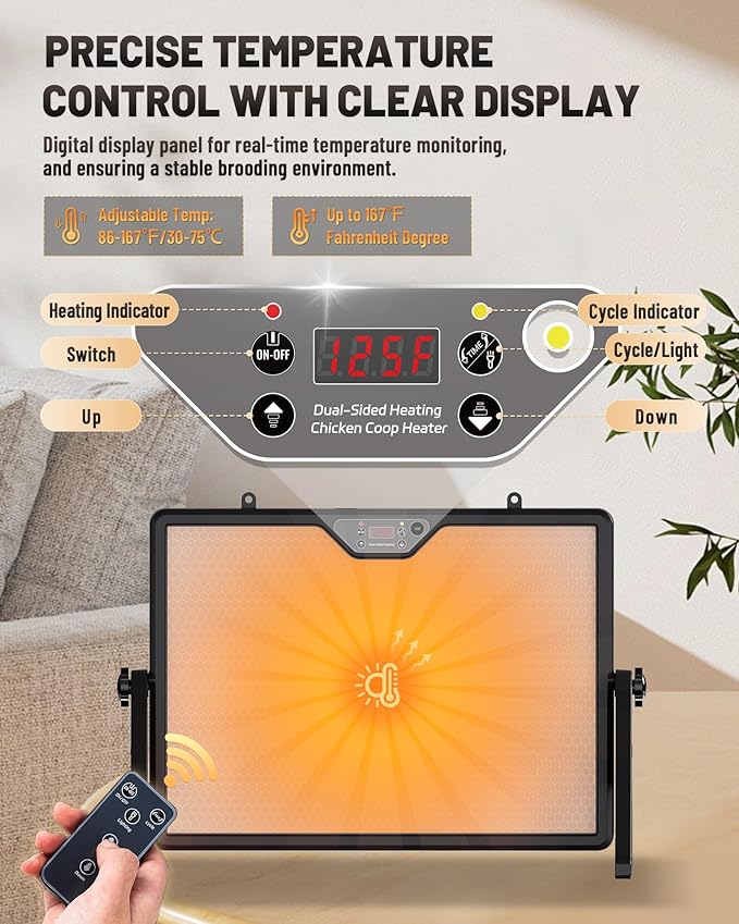 Dual-Sided Chicken Coop Heater for Winter, 180W Adjustable Temperature with Digital Display Panel, 360° Adjustable Angle, Timer & Cycle Mode, Built-in Light, 16 x 12 Inch Heat Plate for Chicken Coop