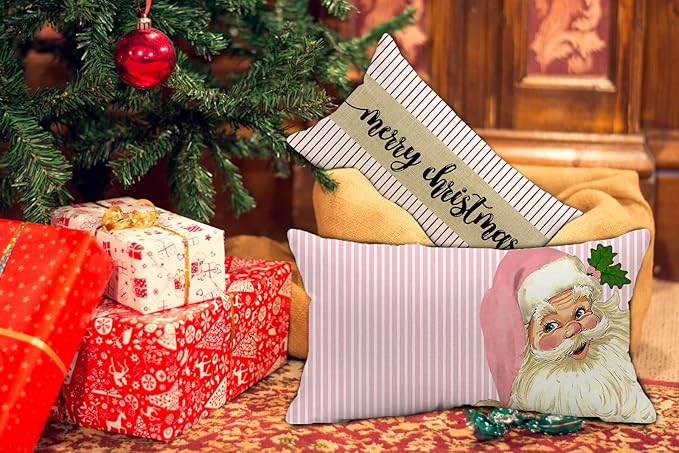 Pink Nostalgic Adorable Santa Pillow Covers Christmas Stripes Pink Throw Pillow Cover, 12 x 20 Inch Christmas Cushion Case Decoration for Sofa Couch