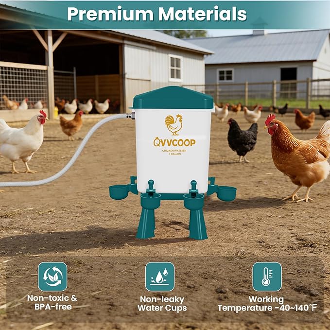 Automatic Chicken Waterer with Float Valve, Float Control Poultry Waterer with Hose for Duck Turkey, Chicken Coop Accessories, Standing/Hang Use, 3 Gallon(Upgraded), Blue