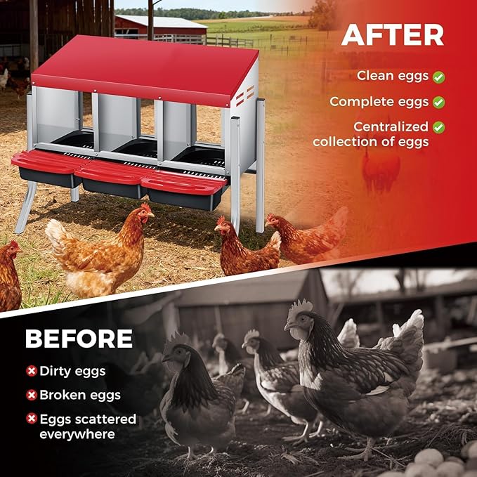 3 Compartment Metal Chicken Nesting Box, Includes 3 Soft Hay Mats, Automatic Roll-Out Egg Collection, Waterproof Galvanized Steel Laying Box with Perch & Wall Mount, for Hens Ducks Rabbits