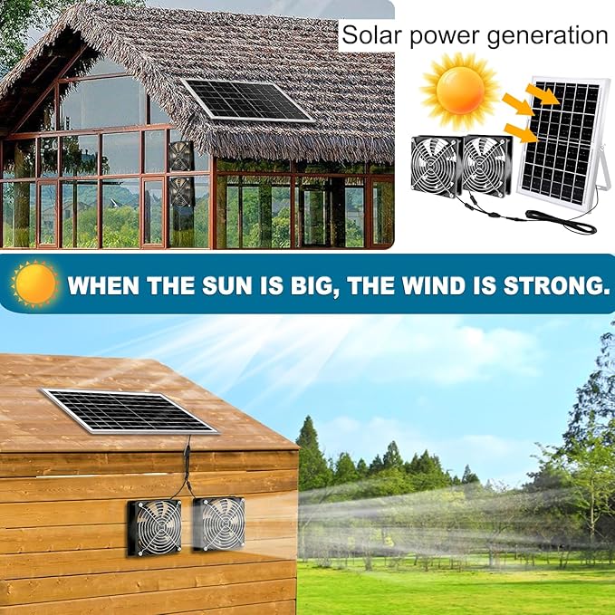 Solar Powered Exhaust Fan with Solar Panel, IP67 Waterproof Ventilation Fan for Greenhouse, Chicken Coop, Dog House, Storage Room