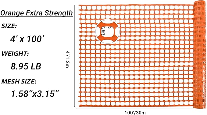 PotatoLife Plastic Mesh Fence, Extra Strength 4'x100' Roll with 50 Zip Ties, Resuable Temporary Netting for Garden Fencing, Snow Fencing, Animal Barrier, Poultry, Deer, Dog, Construction, Orange