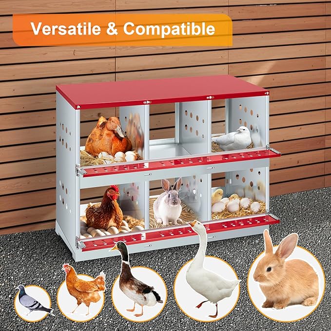 Metal Chicken Nesting Boxes - 6 Hole Wall-Mountable Laying Boxes with Roll-Away Egg Collection, Weatherproof Galvanized Steel, for Chicken Coop, Red