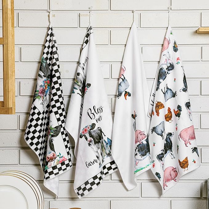 Geyoga 4 Pcs Chicken Kitchen Towels Rooster Dish Hand Towels Farm Animal Cow Vintage Rustic Tea Cloth for Spring Easter Bathroom Farmhouse Decor Gifts, 16 x 24 Inch(Vintage Color,Farm Animals)
