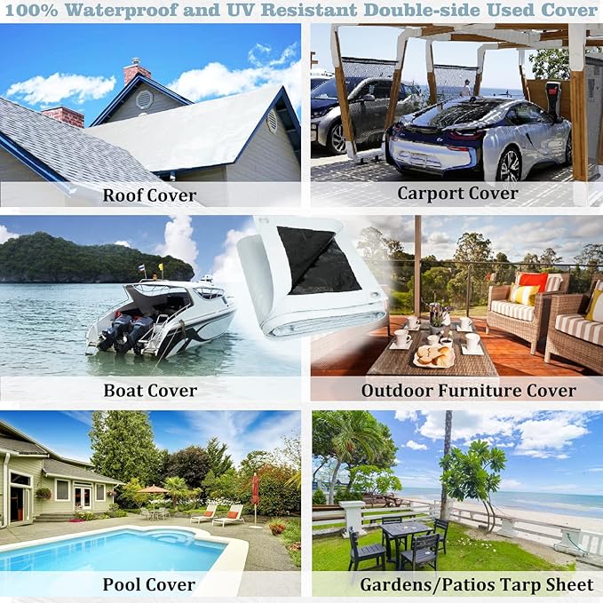 UCINNOVATE Heavy Duty White/Black Plastic Tarp - 10 x 13 FT, 14 Mil Thick Waterproof Tarp for Shed, Canopy, Tent, Boat, RV, Camping, Patio, Porch