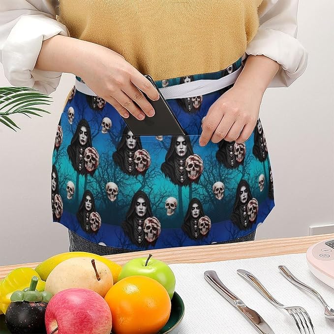 Unisex Chef Waiter Apron Waist Half Short Serving Aprons with 3 Pockets