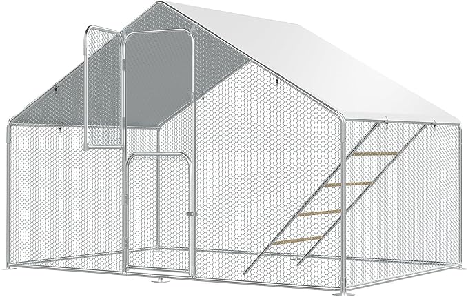 Metal Large Chicken Coop Walk in Chickens Run with Chicken Roosting Perch, Outdoor Chicken House with Security Lock and Split Door for Farm, Yard, Backyard