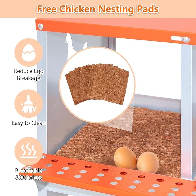 8-Bay Metal Nest Box for Chickens Wall Mount, Galvanized Steel Hen Nesting Box with Vent Holes, Easy to Clean & Assemble, Includes Coconut Fiber Pad, Orange/Silver