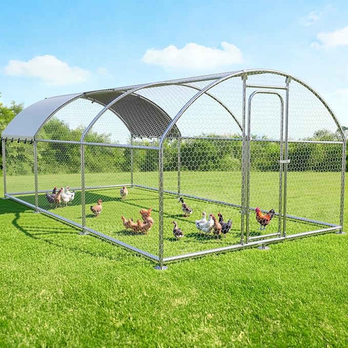 Large Metal Chicken Coop with Weatherproof Cover and Multi-Purpose Chicken Run for Chickens, Ducks, Rabbits, Farm and Yard Animal Pen (10’ W X 19.7’ L X 6.4’ H, Dome Roof)