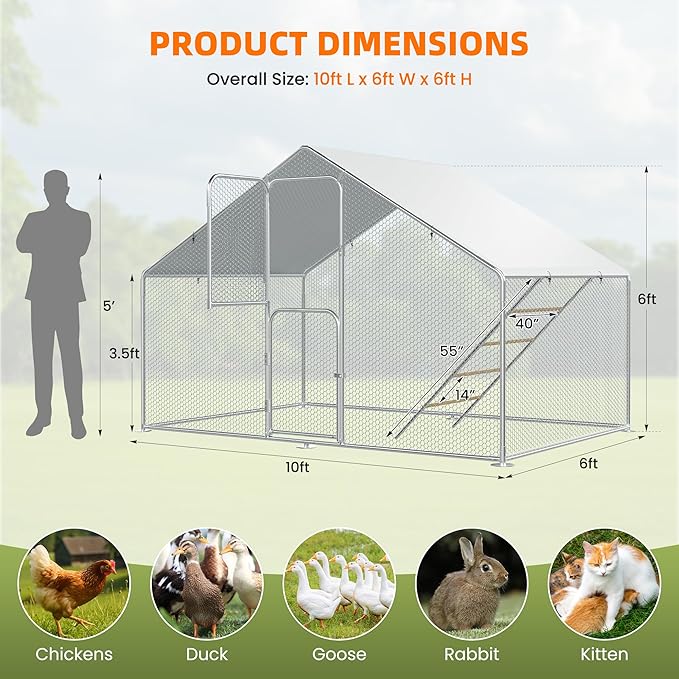 UDPATIO Chicken Coop & Metal Run - Spacious Walk in Pen for 10 Chickens with Double Feed Door, UV-Resistant Cover, Galvanized Frame - Duck & Rabbit House