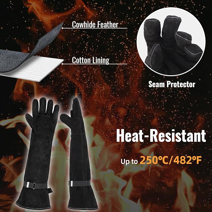 Animal Handling Gloves Bite Proof, Thickened Leather Cat Gloves for Scratching, Falconry, Welding, 23.6 inch Black