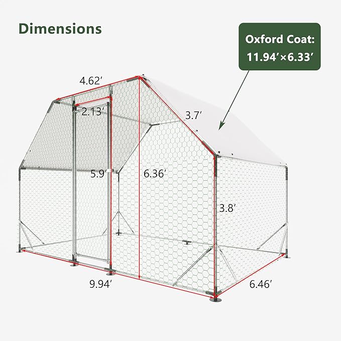 Large Metal Chicken Coop with Waterproof Cover, Walk-in Chicken Cage for 6/10 Chickens, Rabbits, Ducks, Outdoor Pen