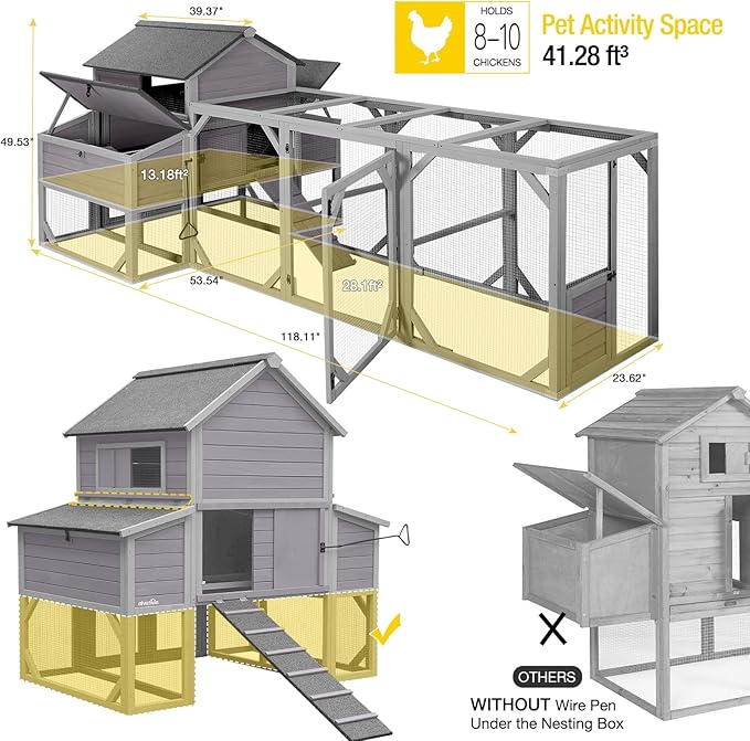 Aivituvin Extra Large Chicken Coop for 8-10 Chickens, Reinforced Structure Outdoor Wooden Chicken House with 6 Nesting Boxes, Extended Run, Waterproof Roof, Iron Edge, Grey, 118" L x 26" W x 50" H