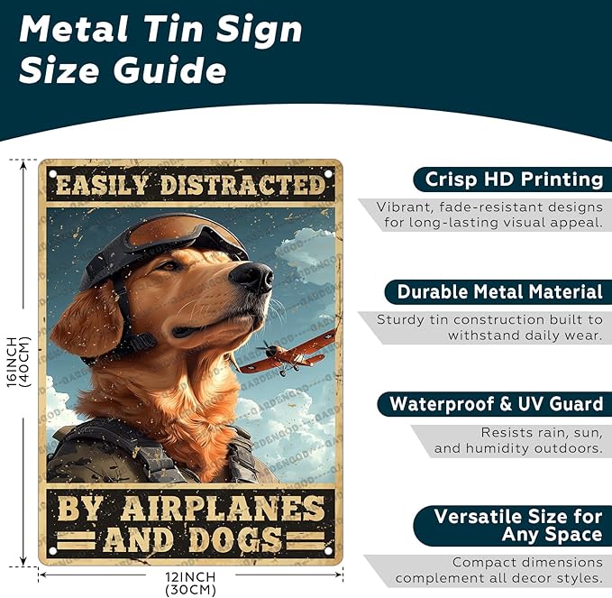 Vintage Pilot Metal Sign Easily Distracted By Airplanes And Dog Metal Poster Home Kitchen Garden Garage Coffee Bathroom Man Cave Aluminium Sign Art Wall Decor Plaque 16x12 Inch