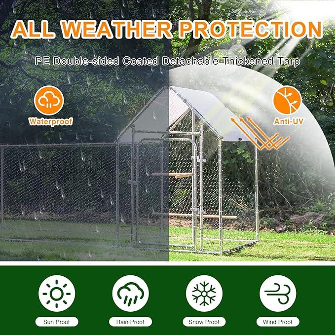 Large Metal Chicken Coop Run, Outdoor Walk-in Poultry Cage with Spire Roof, for Hen House, Duck Coop and Rabbit Run, Silver (9.8' L x 3.28' W x 4.92' H)