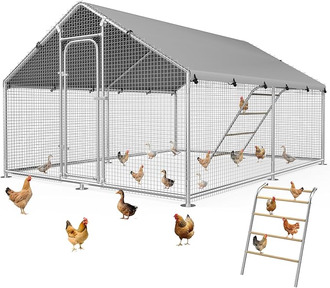 Metal Chicken Coop Run with Roosting Perch, Large Outdoor Poultry Cage with Wire Mesh and UV-Resistant Cover for Chickens Use, Spire Roof (141.8×106.3×78.3 in)