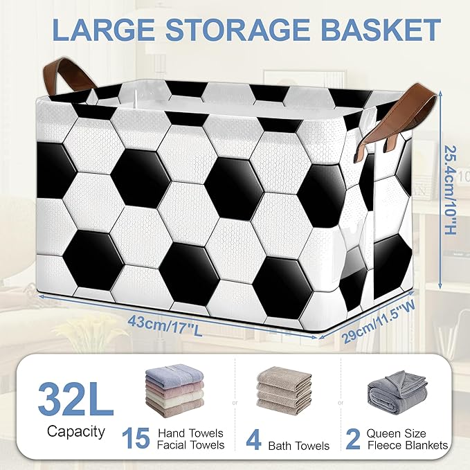 Abstract Football Collapsible Storage Box,Organizer Bin with Handles for Room Decoration,Bins Book Basket Box 17x11.5x10Inch